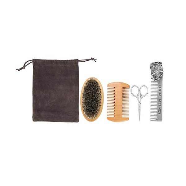 Ensemble de toilettage de barbe 4 en 1, kit de soin de barbe avec peigne en acier inoxydable, peigne double face en bois, bro