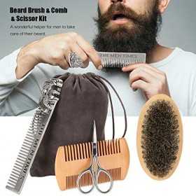 Ensemble de toilettage de barbe 4 en 1, kit de soin de barbe avec peigne en acier inoxydable, peigne double face en bois, bro