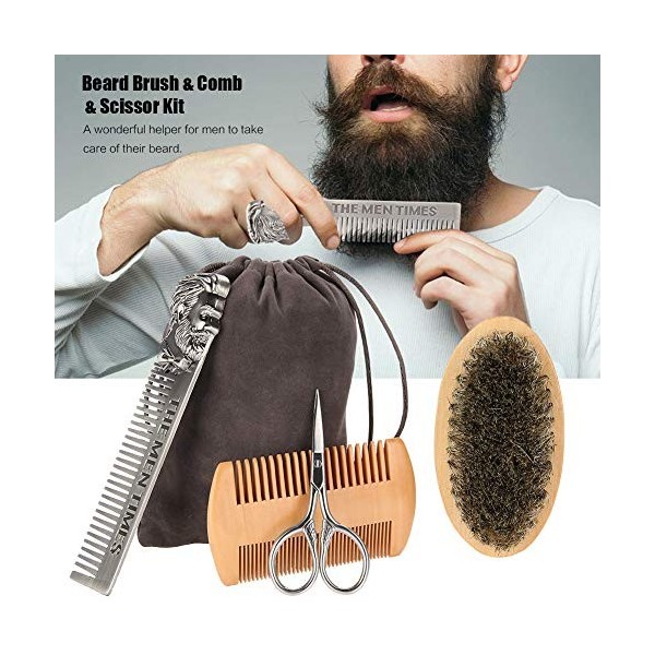 Ensemble de toilettage de barbe 4 en 1, kit de soin de barbe avec peigne en acier inoxydable, peigne double face en bois, bro