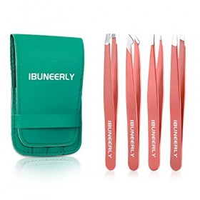 Tweezers Set, 4Pcs Tweezers for Women with Travel Leather Case, Professional Stainless Steel Eyebrows Tweezers, Great Precisi