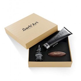 BarbArt - Coffret cadeau beige - Entretien Barbe - Serum Booster 30 ml, Shampooing Barbe & Brosse à Barbe