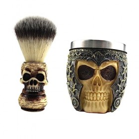 CIMAXIC 1 Ensemble Brosse À Barbe Tête De Mort Blaireau En Bois Tasse Et Blaireau De Rasage Vintage Brosse À Mousse De Rasage