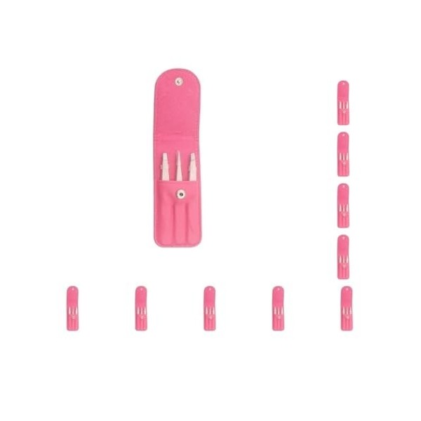 Lot de 10 pinces à épiler en acier inoxydable avec sac de rangement et outils de maquillage - 3 pièces - Rose rouge