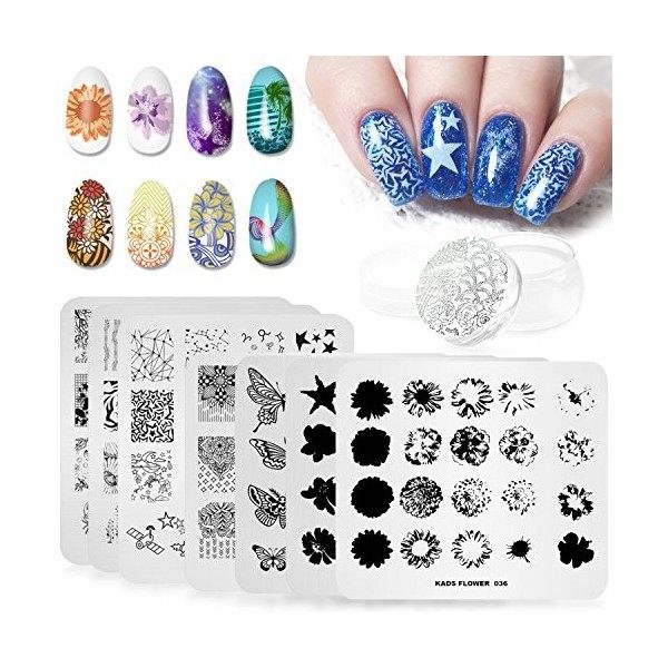 KADS 7 Pcs Nail Art Estampage Plaques Fleur Papillon Océan Imprimer Manucure Modèles avec 1 Pc Stamper Polonais 7 Plates+1 S