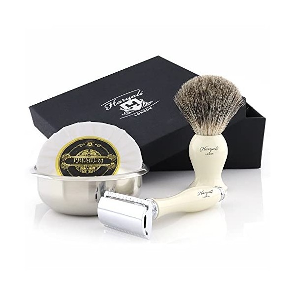 Haryali London Kit Rasage Homme - Kit Barbe Homme Avec Rasoir De Sécurité, Blaireau En Poils De Blaireau, Savon À Raser Et Bo