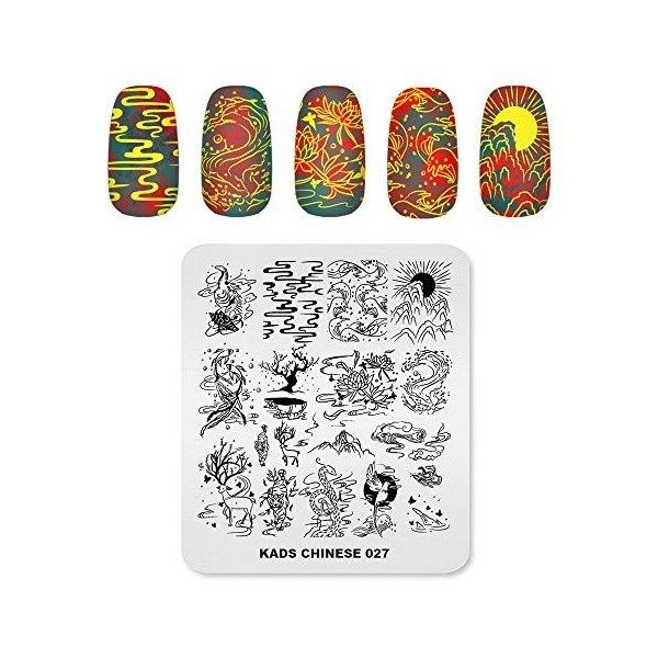 KADS CN027 Pochoir pour ongles Motif cerf Sika, lotus et poisson