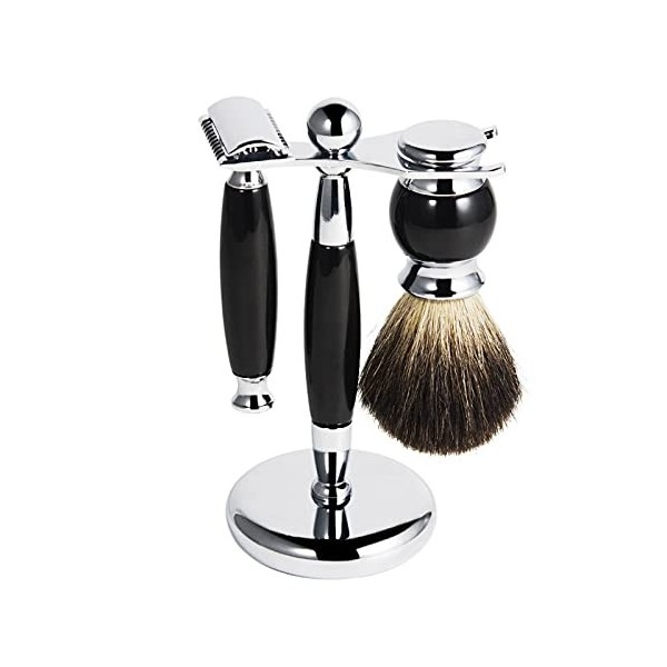 Kit de Rasage,Shaving Set de Rasage 3 pièces, Shaving Set de Rasage Rasoir Blaireau de Rasage avec Porte Blaireau Noir 