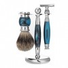 Set de rasage pour homme- Blaireau véritable +rasoir+Support-Meilleur cadeau pour la barbe des hommes Blue 