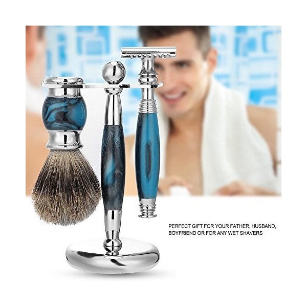 Set de rasage pour homme- Blaireau véritable +rasoir+Support-Meilleur cadeau pour la barbe des hommes Blue 
