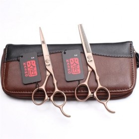 Ensemble de ciseaux de coiffure avec poignée de festival en bambou doré rose de 5,5/6,0 pouces, ensemble de ciseaux amincissa