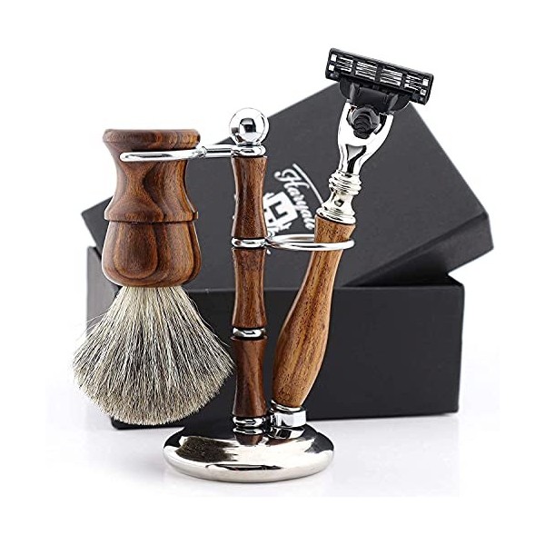Kit de rasage pour homme en bois Haryali London avec rasoir à 3 bords, brosse de rasage et support de rasage Ensemble de rasa
