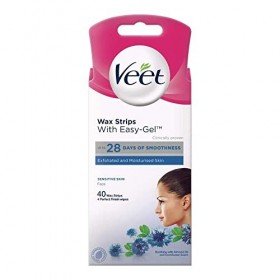 Veet Bandes de cire pour le visage, peaux sensibles, bandes de cire froide, 40 bandes de cire emballées en 20 bandes double f