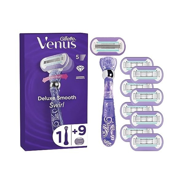 Gillette Venus deluxe Smooth Swirl Rasoir, 1 Manche, 9 Recharges De Lames, À 5 Lames, Rasage En Douceur