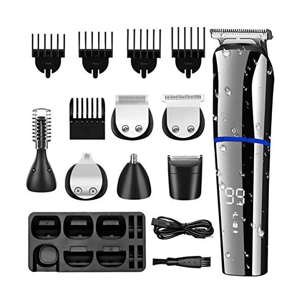 Tondeuse Cheveux Tondeuse Barbe pour Homme,Kit Tondeuses Faciales Corps Moustache Nez Multifonctionnele 6 en 1,Affichage LED,