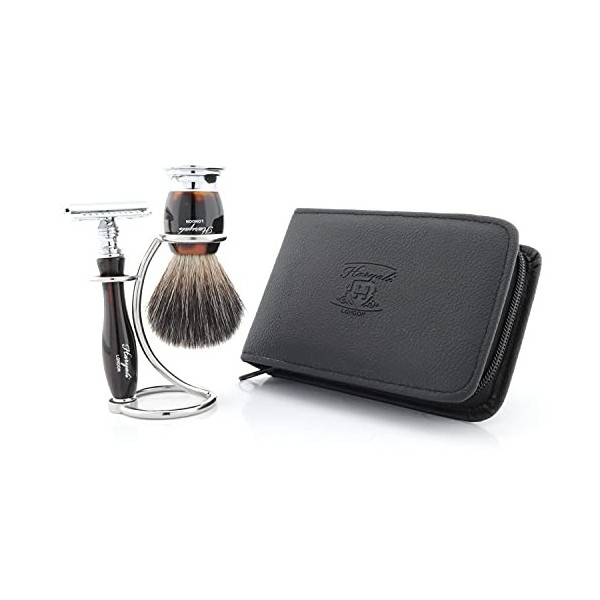 Rasoir de sécurité à double tranchant pour homme, brosse en poils de blaireau noirs purs, étui en cuir pur, ensemble parfait 