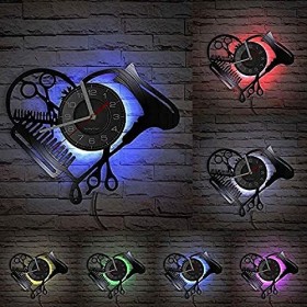 Outils de Coiffure Horloge Murale Coupe de Cheveux sèche-Cheveux Peigne Ciseaux lumière LED Vinyle Record Mur Montre Salon dé