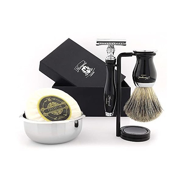 Ensemble de rasage pour homme en noir avec brosse à cheveux blaireau, rasoir de sécurité double bord, support, savon et bol k