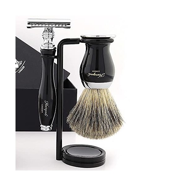 Ensemble de rasage pour homme en noir avec brosse à cheveux blaireau, rasoir de sécurité double bord, support, savon et bol k