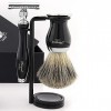 Ensemble de rasage pour homme en noir avec brosse à cheveux blaireau, rasoir de sécurité double bord, support, savon et bol k