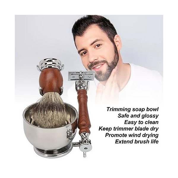 Kit Tondeuse à Barbe Manuelle avec Support en Alliage, Brosse et Bol à Savon pour Homme, Durable, Garde la Lame au Sec, Range