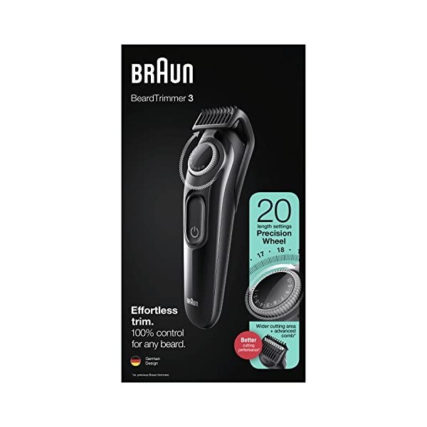 Braun Beard Trimmer 3, Tondeuse Électrique à Barbe et Cheveux Pour Homme, Tondeuse Pour Visage, Lames Affûtées Inusables, 20 