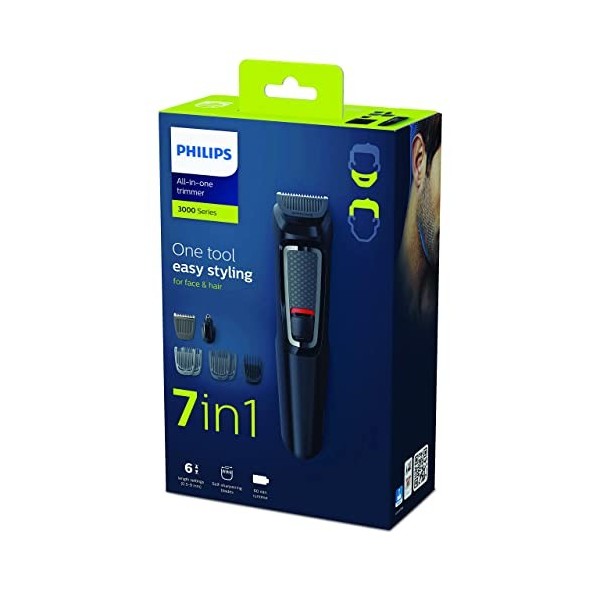 Philips Tondeuse tout-en-un 7 en 1 série 3000 pour barbe et cheveux avec 7 attaches, dont tondeuse nez, lames auto-affûtantes