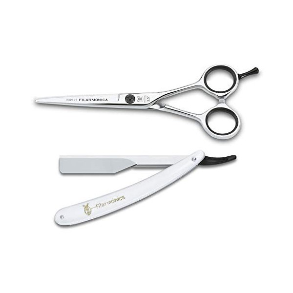 FILARMONICA Kit de Coiffure Ciseaux Professionnel 14 cm + Couteau de Coupe 24 cm pour Coiffeur Professionnel en Acier Profess