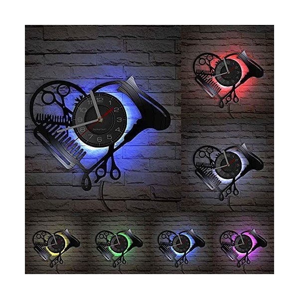 Personnalisé NO Ticking Coiffure Outils Couper Horloge Murale Coupe De Cheveux Sèche-Cheveux Peigne Ciseaux LED Lumière Vinyl