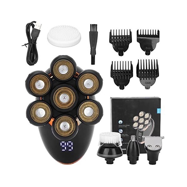 Rasoir de Tête électrique, 5 en 1 Rasoir de Tête électrique IPX7 Étanche Intelligent Lames Flottantes Kit de Toilettage pour 