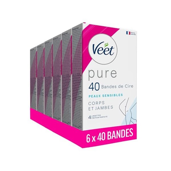 Veet PURE - 240 Bandes de Cire Froide Corps et Jambes - Peaux Sensibles - Recommandés par les Dermatologues - Epilation Longu