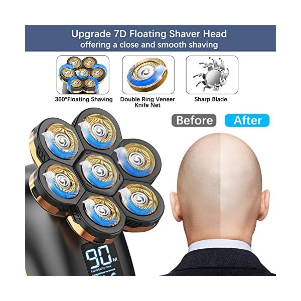 Rasoir Électrique Homme 7D, CHLANT Rasoir à Tête Chauve Rasoir Cheveux Homme USB Rechargeable Rasoirs à Têtes Rotatives Étanc