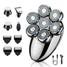 Rasoir Electriques Hommes, 6 en 1 Rasoirs à Têtes Rotatives 7D Tondeuse à Barbe Humide et Sèche avec Étanche, LCD Affiche, Ra