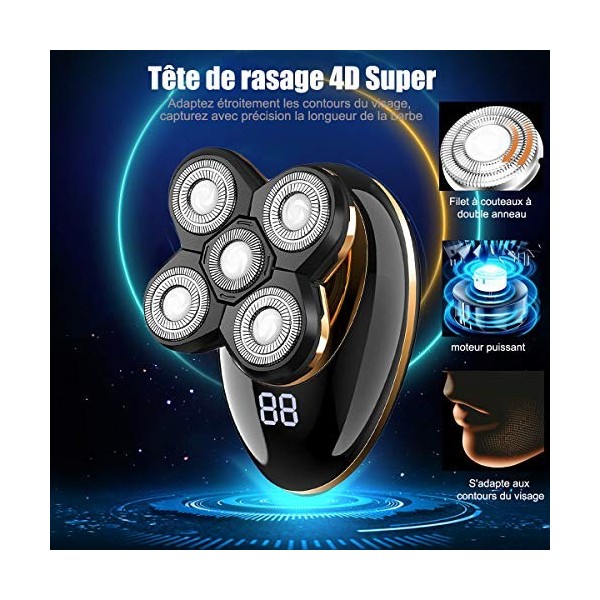 5 en 1 Rasoir électrique pour homme, IPX7 étanche Rasoir rotatif,4D flottant 5 têtes de rasage,Affichage LED,Avec tête de ras