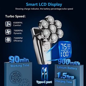 Rasoir Electriques Hommes, Rasoirs à Têtes Rotatives Ave écran LED Rasoir électrique 7 têtes Flexibles