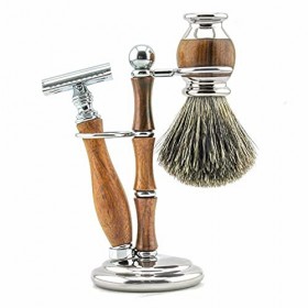 Haryali London Kit de rasage - 3 pièces - Rasoir de sécurité à double tranchant - Blaireau de rasage - Manche en bois et lait