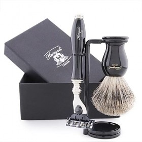 Rasoir compatible Haryali London 3 Edge, brosse de rasage Black Badger et support de rasage - Kit de rasage pour homme