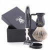 Rasoir compatible Haryali London 3 Edge, brosse de rasage Black Badger et support de rasage - Kit de rasage pour homme