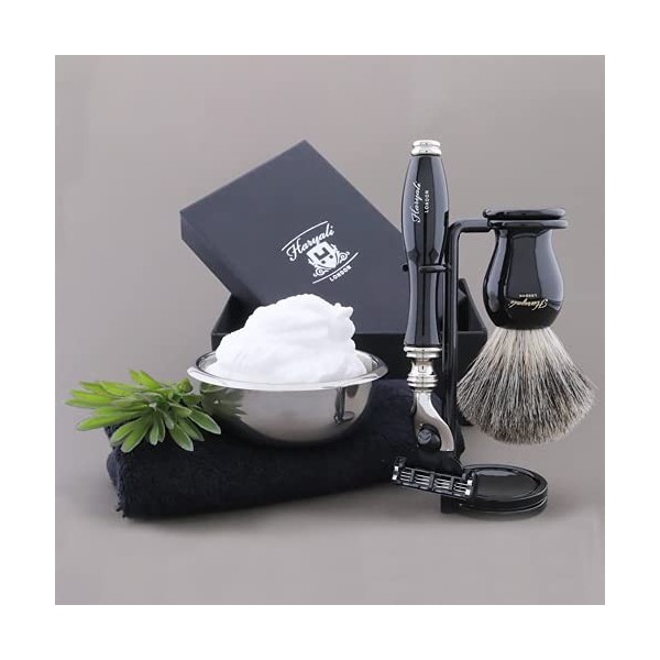 Rasoir compatible Haryali London 3 Edge, brosse de rasage Black Badger et support de rasage - Kit de rasage pour homme