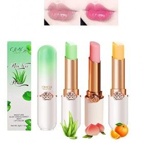 3 Pcs Baume à lèvres à changement de couleur Un rouge à lèvres Aloe Vera + Un rouge à lèvres orange + Baume à lèvres pêche En
