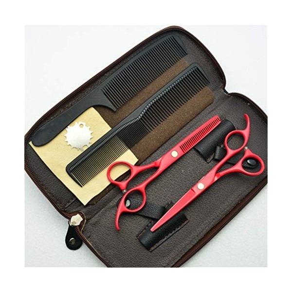 Rouge Professional 5.5 pouces -Handed Ciseaux de coiffure Set haut de gamme coupe et ciseaux à effiler Kit 6CR acier Salon de