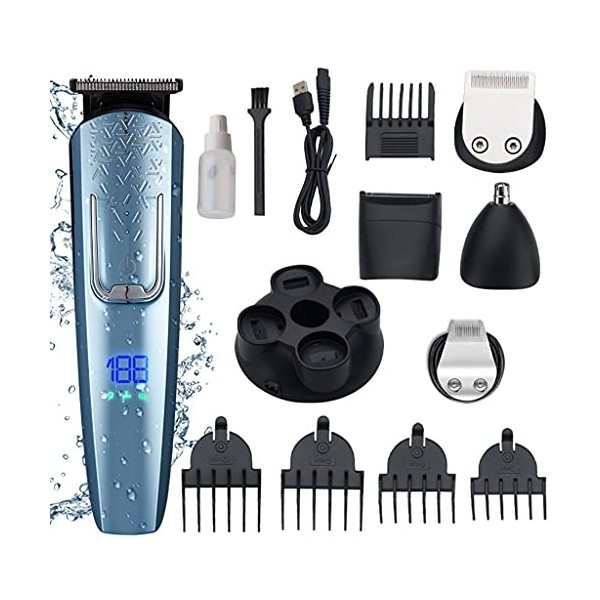 HANBOLI Tondeuse à Cheveux pour Hommes, Kit de Tondeuse à Barbe 5-en-1 avec Affichage numérique 120 Minutes dautonomie USB R