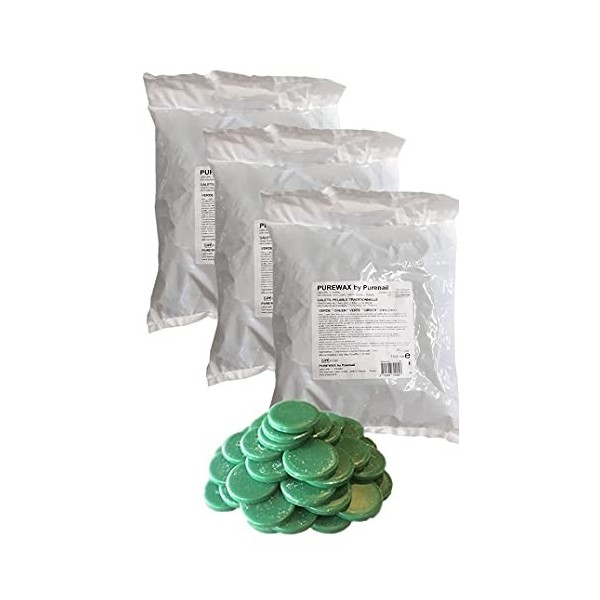 Purewax | Galets de cire à épiler | VERT | 3 sachets de 1KG | épilation sans Bande | Jambes | Aisselles | bras | corps | Cire