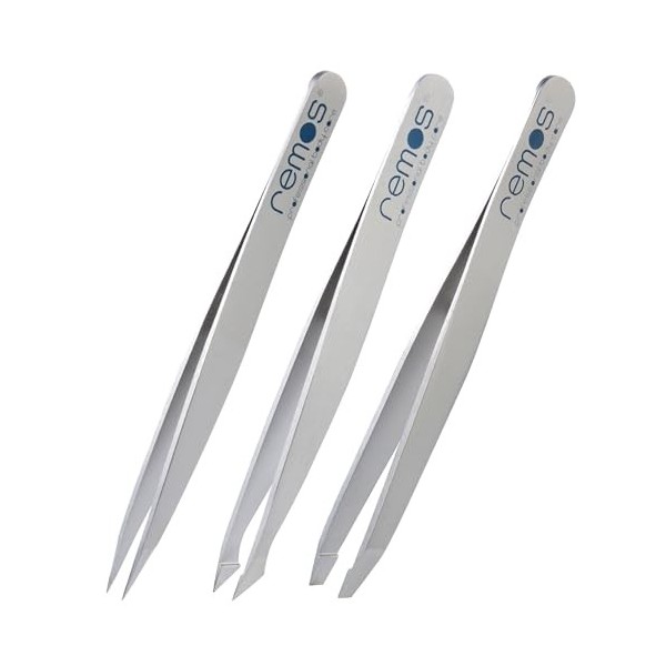 REMOS Set de 3 Pincettes avec pince à sourcils, pince à échardes et pince combinée en satin