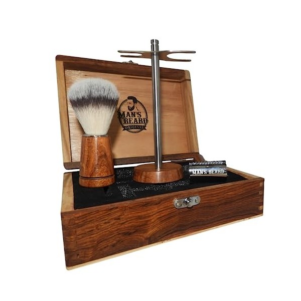 manss beard - Coffret De Rasage " Barber Wood " Avec 3 Accessoires : Un Blaireau, Un Wood Rasoir et Son Support