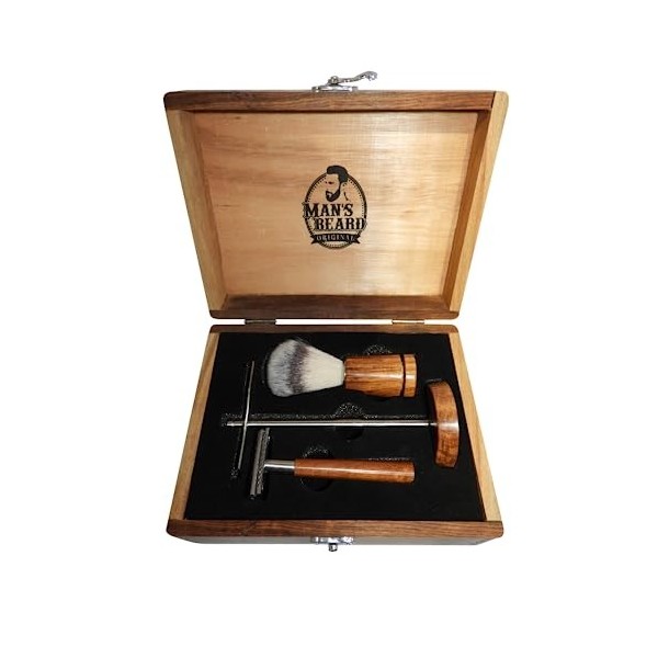 manss beard - Coffret De Rasage " Barber Wood " Avec 3 Accessoires : Un Blaireau, Un Wood Rasoir et Son Support