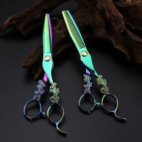 Ciseaux de coiffure à manche de fleur verte de 6.0 pouces, ciseaux à cheveux, ciseaux à frange, ciseaux à dents, ciseaux amin