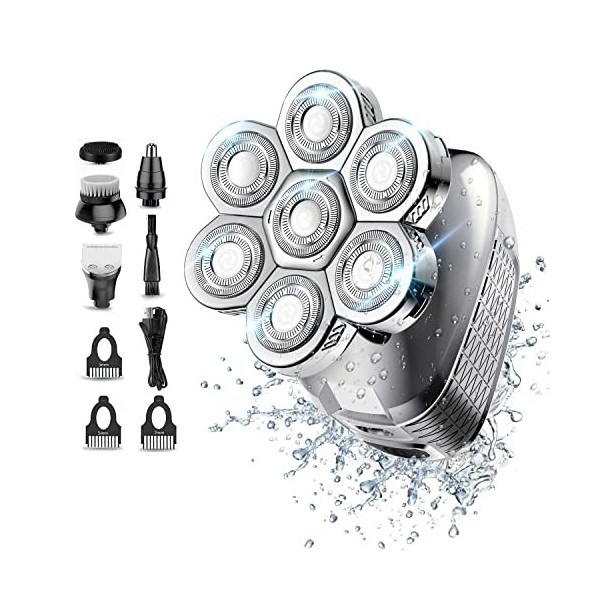 Rasoirs de tête pour homme chauve, rasoir rotatif sans fil 5 en 1 avec écran LED, kit de toilettage rechargeable étanche et s