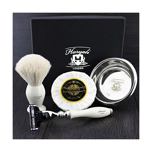 Haryali London Kit de rasage 4 pièces pour homme Rasoir 3 lames avec blaireau en poils de blaireau blancs, savon et bol