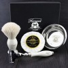 Haryali London Kit de rasage 4 pièces pour homme Rasoir 3 lames avec blaireau en poils de blaireau blancs, savon et bol