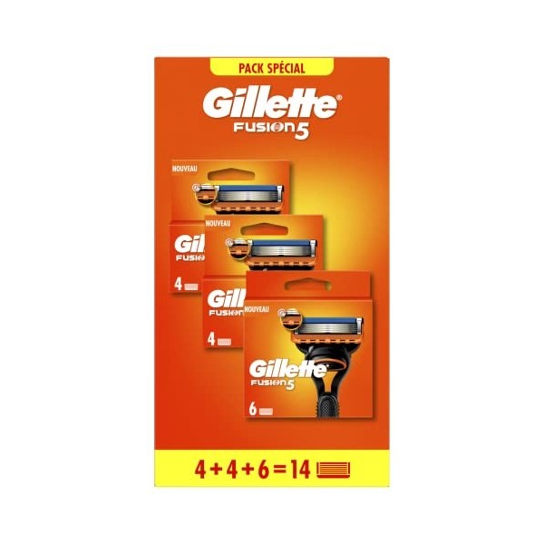 Gillette Fusion5 Recharges De Lames De Rasoir Pour Homme, 14 Recharges De Lames, Pack 6 + 4 + 4 Lames, Rasage Confortable